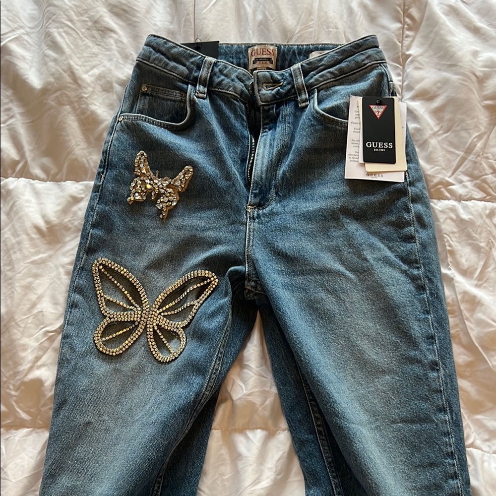 Guess Blue High Rise Jeans with Butterfly Embellishments